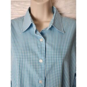 Foxcroft Wrinkle Free Womens 8 Button Up Long sleeved Aqua White Cotton Poly